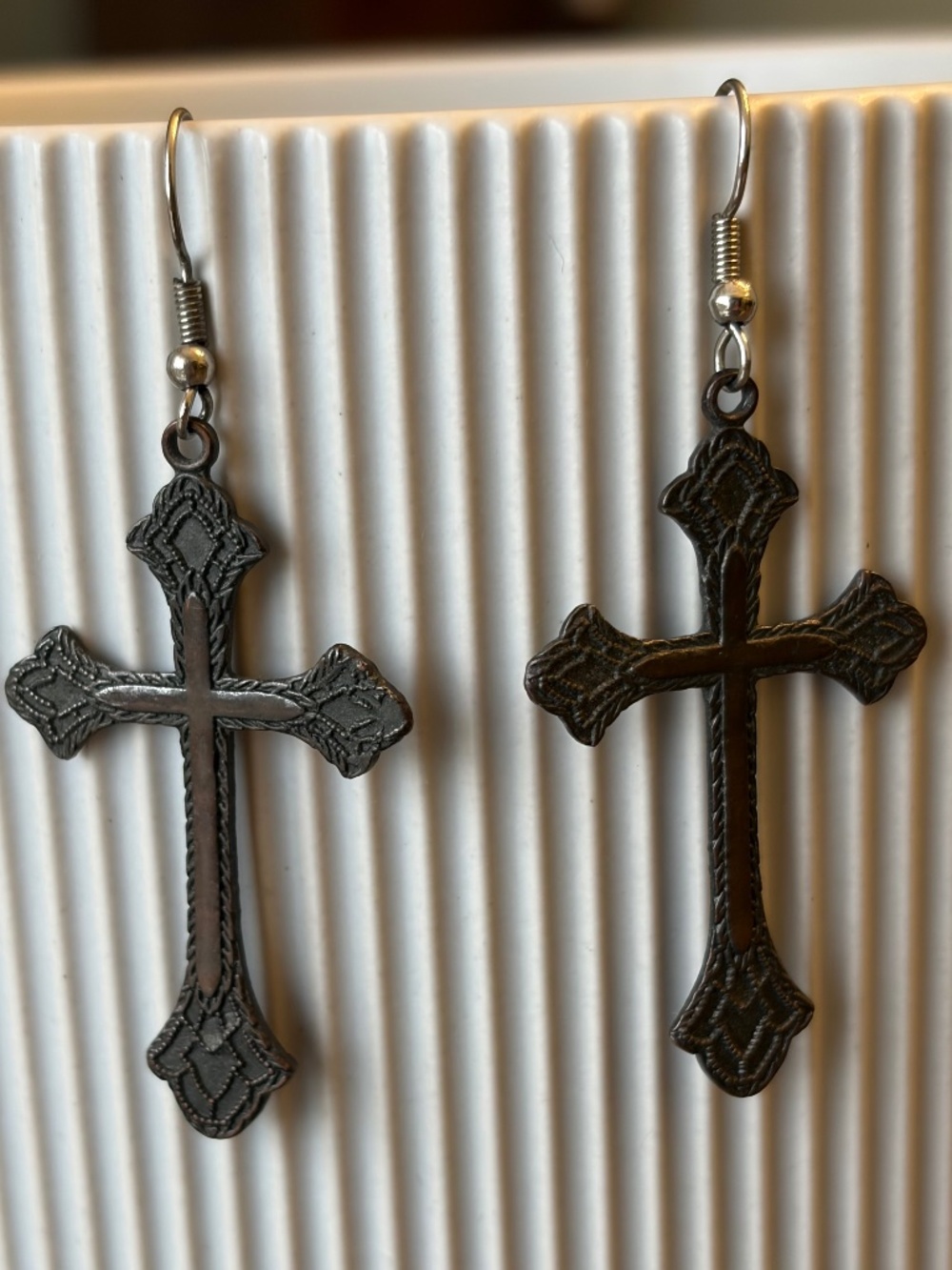 Vintage Latin cross earrings, dark bronze colour.